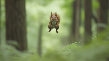 Obraz premium Red squirrel mid-leap in a lush forest.