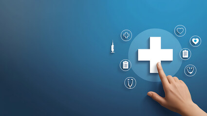 Obraz premium Hand Choosing Healthcare Medical Icon on Blue Background for Health Insurance Concept, copy space. blue background, health welfare, copy space healthcare, medical copy space background