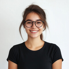 Fototapeta premium Portrait of a happy young woman wearing glasses and smiling at the camera, set against a white background. She is wearing a black t-shirt, and the lighting is natural, creating a soft color profile