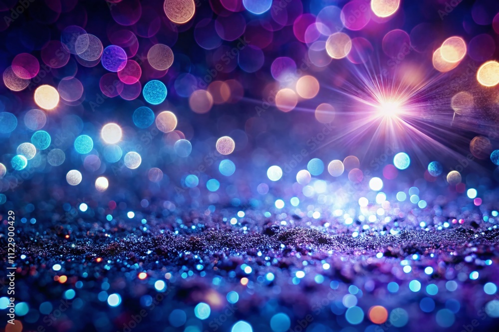 Poster elegant dark purple and blue glitter sparkles with rays of light creating a festive bokeh abstract b