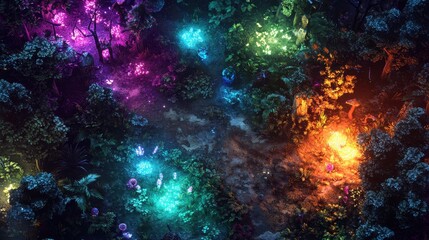 Fototapeta premium Mysterious Bioluminescent Forest Scene with Glowing Plants and Enchanting Colors