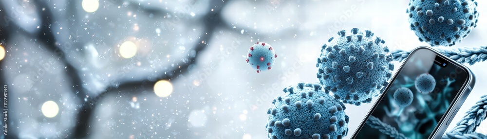 Aufkleber a mobile analyzing viruses on blue snowing background, ai-enabled mobile tools for detecting viruses