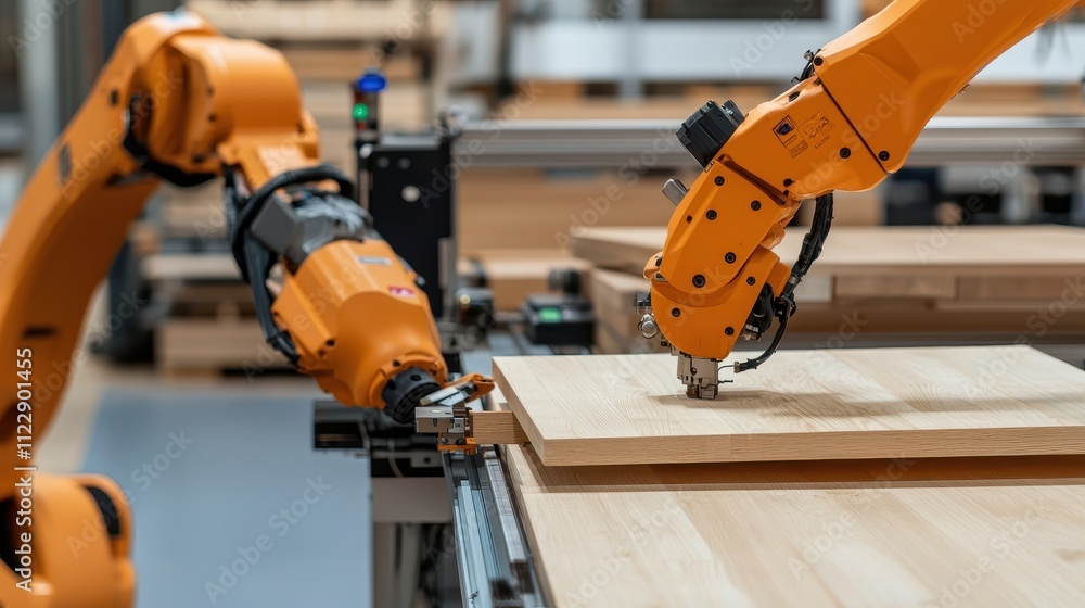 Poster modern woodworking factory concept, robotic arms assembling wooden furniture in a modern workshop se
