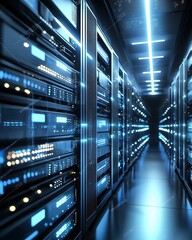 Obraz premium Futuristic Data Center Interior with Blue LED Lights and Servers