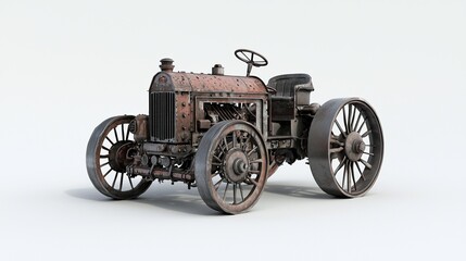 Fototapeta premium 3D model of a vintage tractor with metal wheels, industrial farming, white background