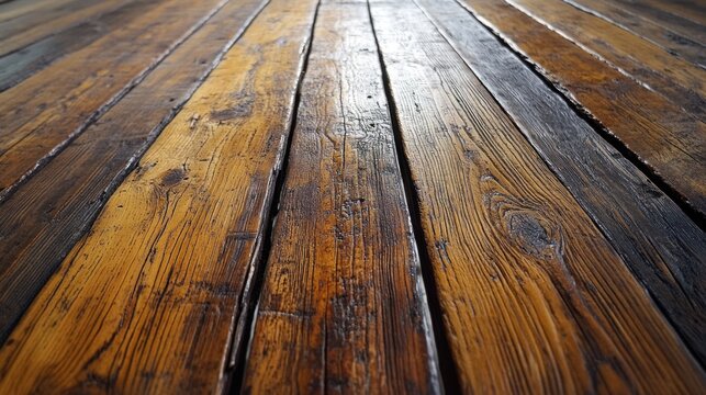 A close-up view of rustic wooden floorboards, showcasing their texture and natural finish.