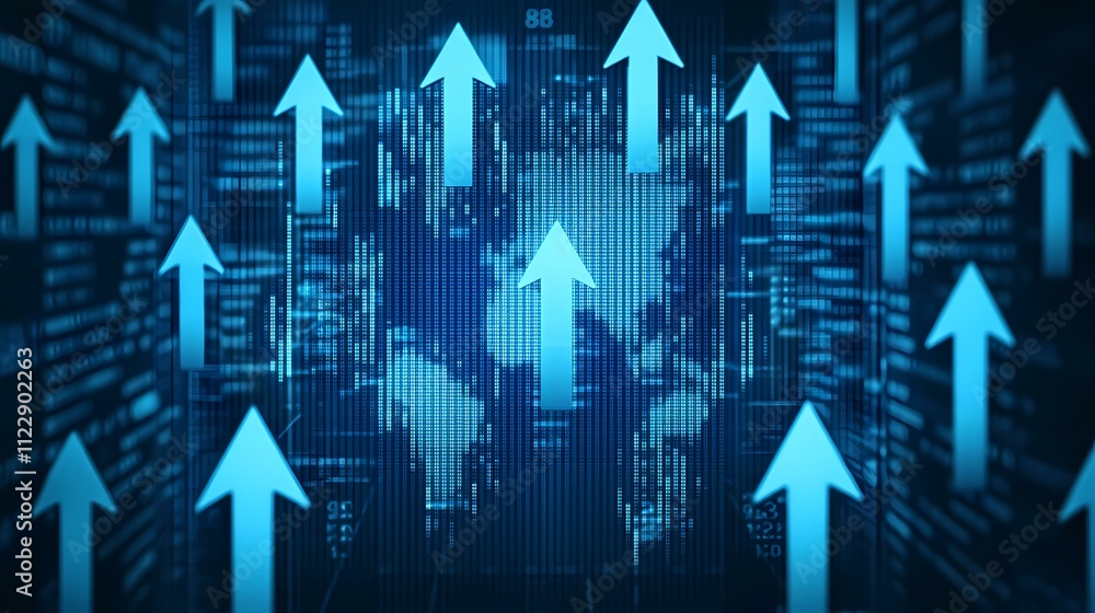 Poster the image contains numerous bright blue upward-pointing arrows superimposed on a background of dark 