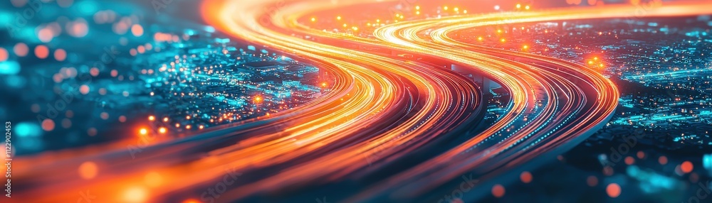 Poster a vibrant abstract image showcasing colorful light trails flowing through a dark, blurred background