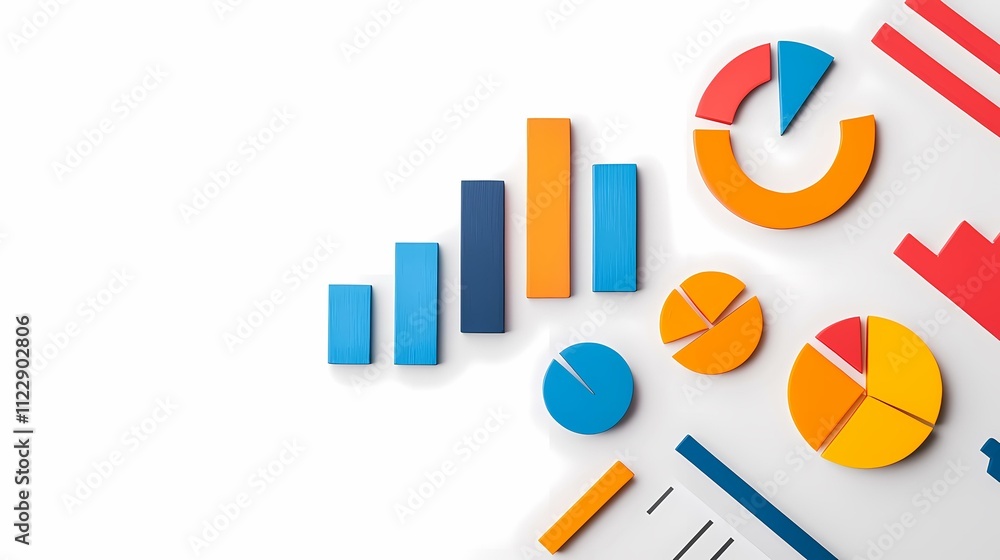 Poster colorful 3d bar charts and pie charts are arranged on a white background, suggesting a data visualiz