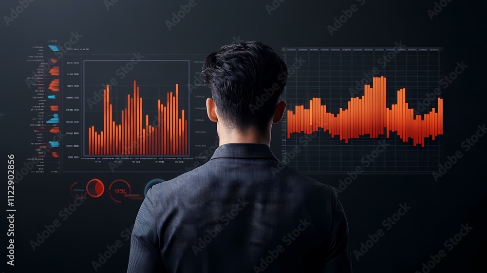 Poster a person in a dark-colored business suit stands facing away from the camera, observing several displ
