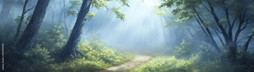 Poster a serene forest path illuminated by soft rays of light.