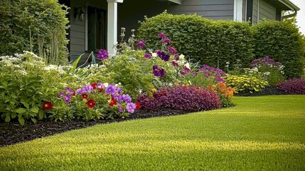 Vibrant Flower Bed With Lush Green Lawn In Front Yard Garden