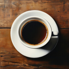 black coffee, on the wooden table, photorealistic