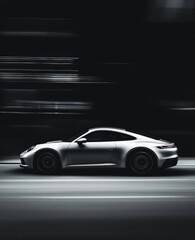 Obraz premium Sleek Modern Sports Car in Motion on Urban Street at Night