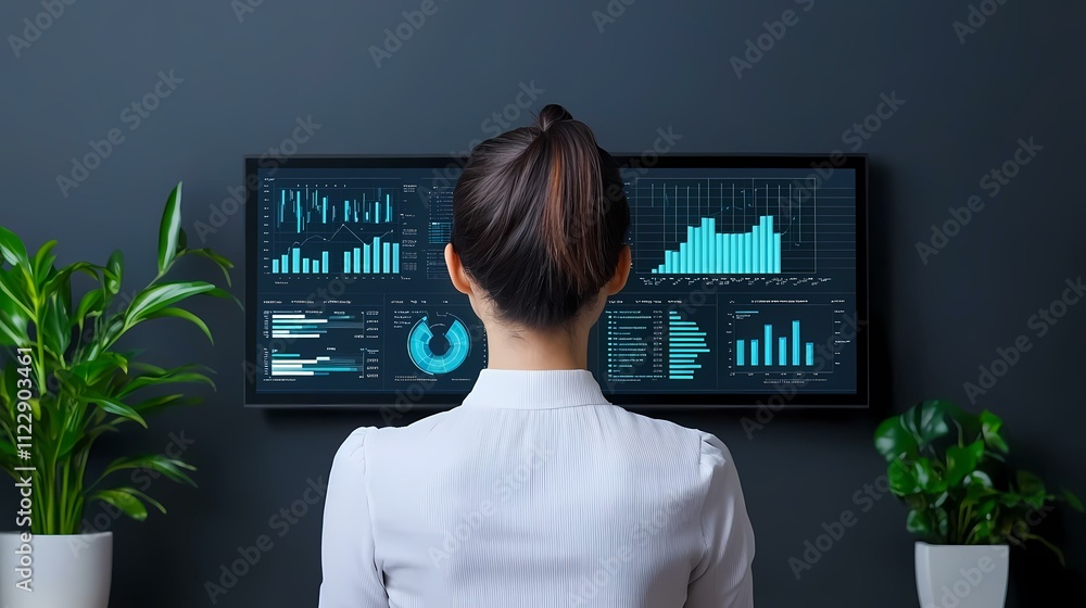 Poster a woman with her back to the camera views a large monitor displaying various financial charts and gr