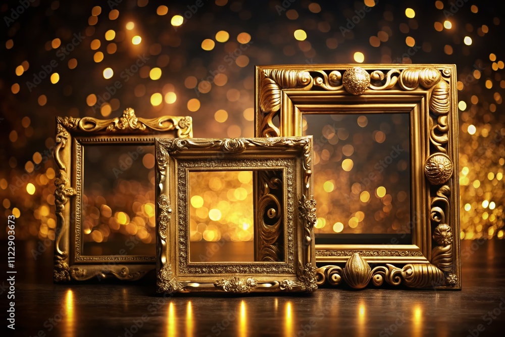 Poster elegant gold decorative frames on dark background with bokeh effect, perfect for design elements and