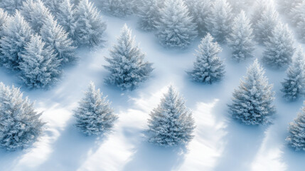 Obraz premium A top-down drone perspective of a snow-covered forest clearing, with scattered evergreen trees forming natural shapes in the snow