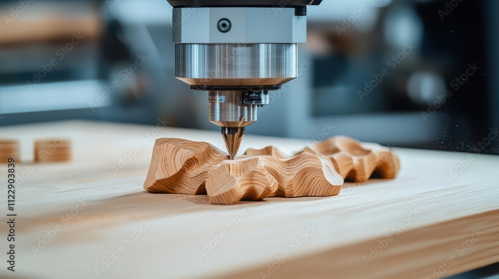 Poster Modern Woodworking Factory Concept, Intricate Crafting of Wood Using Computer Controlled Router in a Workshop Environment