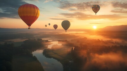 Obraz premium Hot air balloon gliding above tranquil valley with glowing sunrise, golden mist, and peaceful countryside below