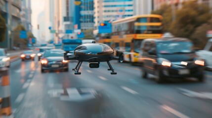 Obraz premium A futuristic drone hovers above a busy city street, highlighting technological innovation against the backdrop of bustling urban life.