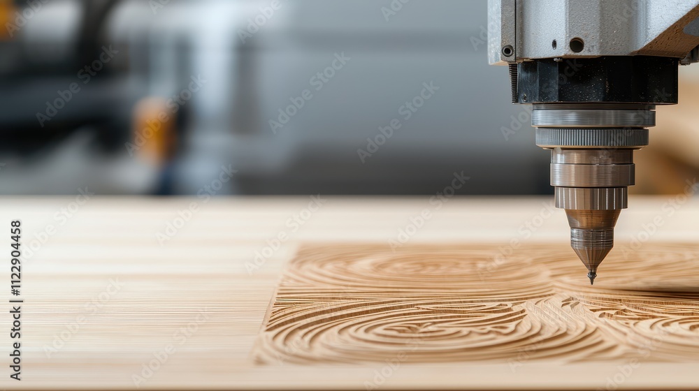 Poster modern woodworking factory concept, robotic carving systems creating intricate designs through preci