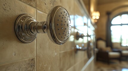 Close-up of Chrome Showerhead against Elegant Bathroom Tiles