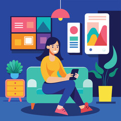 a women sitting in a living room and using phone