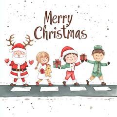 Fototapeta premium Watercolor Christmas Illustration of Santa and Kids Crossing Street