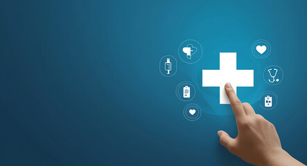 Obraz premium Hand Choosing Healthcare Medical Icon on Blue Background for Health Insurance Concept, copy space. blue background, health welfare, copy space healthcare, medical copy space background