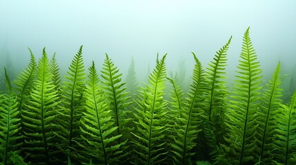Fototapeta premium Fern Crisp Vital, Crisp and Bold Fern Fronds Against a Misty Forest Background,Portraying Ethereal Vitality