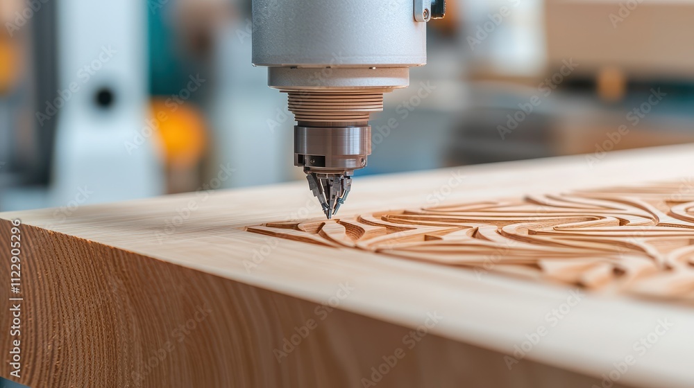 Poster modern woodworking factory concept, intricate wood carving patterns created by advanced robotic rout