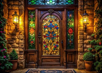 Obraz premium Captivating Night Photography of a Colourful Stained Glass Wooden Door in a Traditional Setting, Illuminated by Soft Lights, Highlighting Intricate Designs and Vibrant Colors