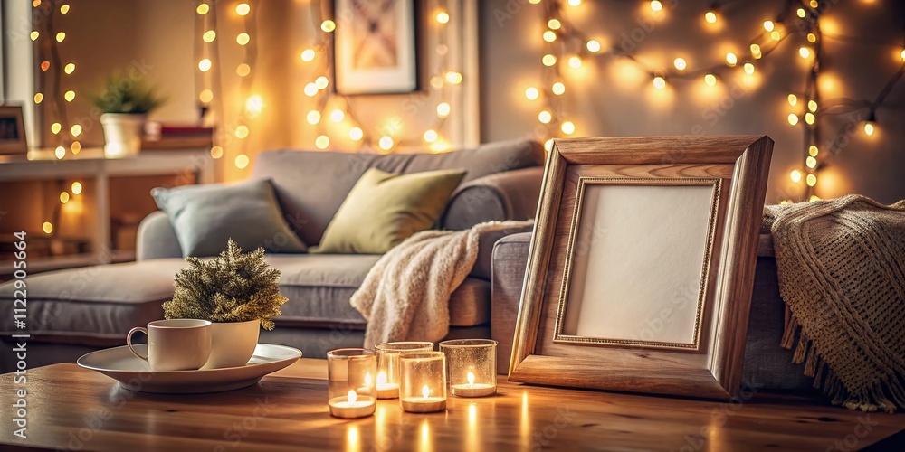 Poster elegant interior scene featuring an empty frame surrounded by soft bokeh lights and cozy decor for a