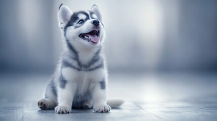 Fototapeta premium A Siberian Husky puppy sits on the floor and smile and be happy Siberian Husky puppy. 