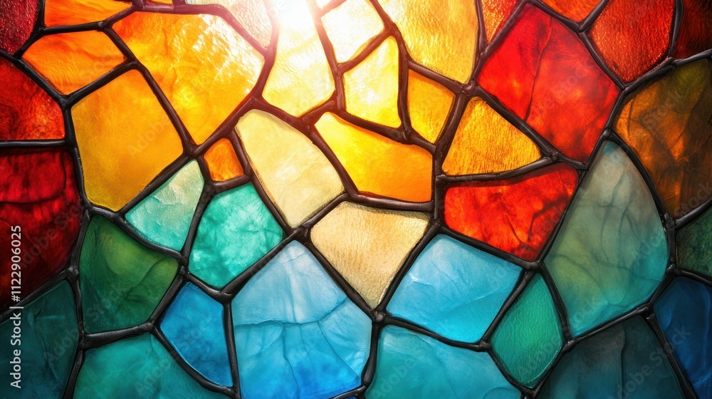 Aufkleber colorful stained glass window with vibrant patterns and light filtering through.