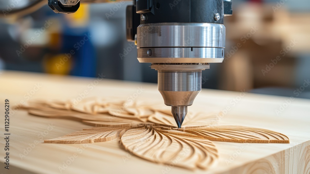 Poster modern woodworking factory concept, advanced robotic carving system for etching intricate designs in