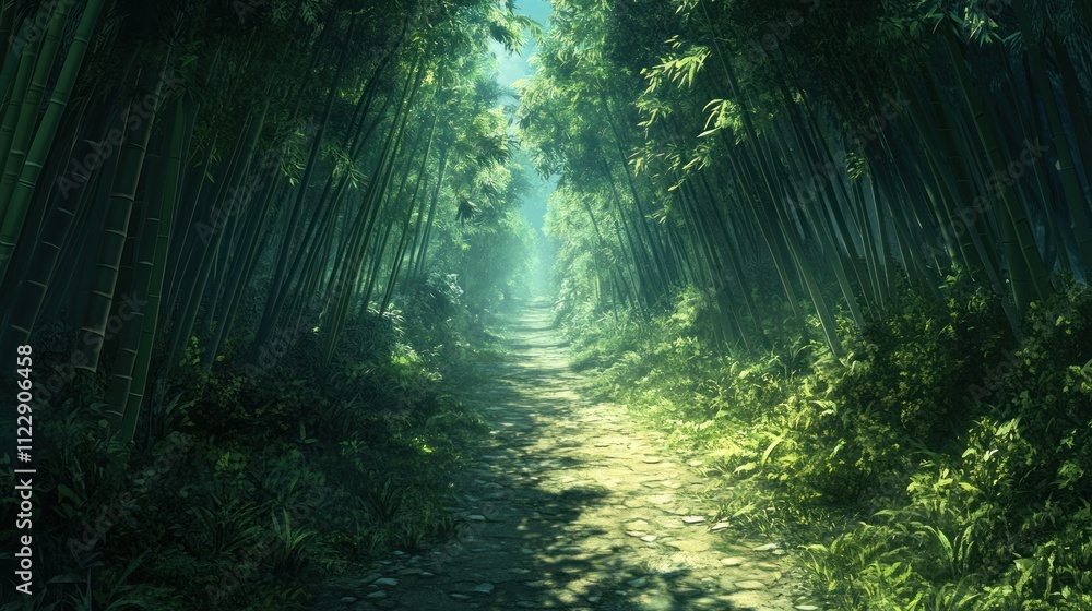 Poster a serene bamboo forest path illuminated by soft light, inviting exploration and tranquility.