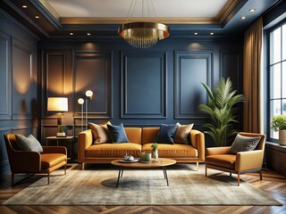 Fototapeta premium Elegant Living Room Lounge with Navy Blue and Mustard Yellow Accents, Featuring Blank Wall and Ocher Sofa in a Stylish Reception Space with Golden Touches and Plaster Texture