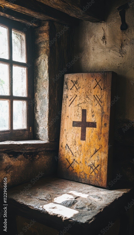 Poster A wooden shield with a cross rests on a stone surface near a window in a rustic setting.