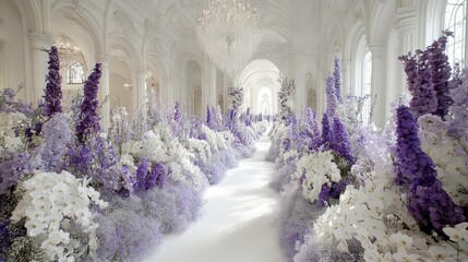 Luxurious floral aisle, lavish wedding decor, elegant pathway,  lush purple and white flowers,  grand hall, 
