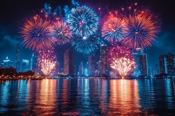 Fototapeta premium city ​​view from lake with colorful fireworks in the sky. Generate Ai