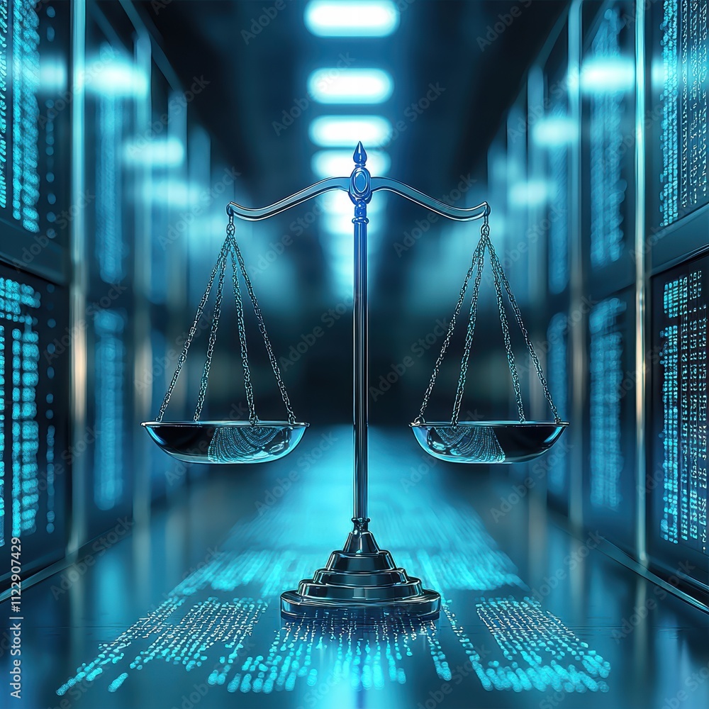 Poster digital justice concept with scales against background of data stream