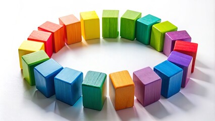 Obraz premium Circle of Colorful Wooden Blocks Symbolizing Unity of Diverse Elements in Silhouette Photography Isolated on Pure White Background for Creative Visuals and Design Concepts