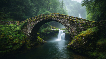 Fototapeta premium An ancient stone bridge spanning over a deep river, covered in moss and weathered by time, with waterfalls in the distance.