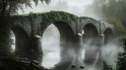 An ancient stone bridge over a misty river, with ivy climbing up its arches and a foggy landscape surrounding it.