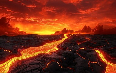 Molten lava flows across a dark, volcanic landscape under a fiery, red sky.