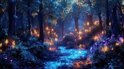 Obraz premium Enchanted Luminous Forest with Bioluminescent Flora Amidst a Mystical Landscape at Night