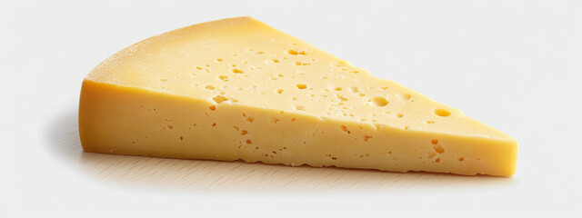 Fototapeta premium A wedge of aged gouda cheese with a crumbly texture, resting on a light wooden board