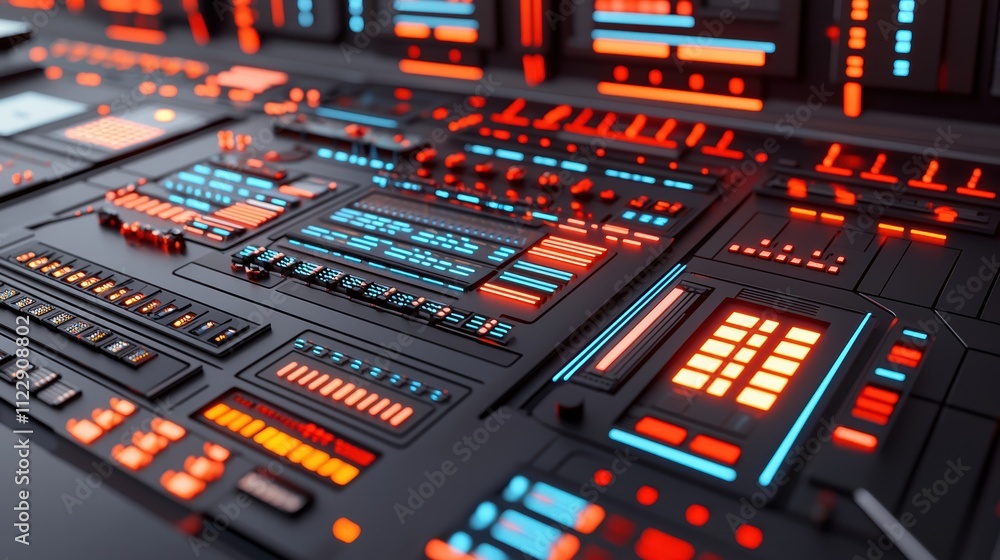 Poster futuristic control panel with colorful lights and digital interfaces