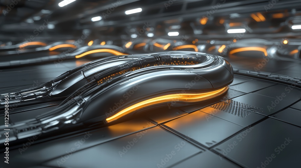 Poster futuristic metallic structure with glowing orange elements in lab